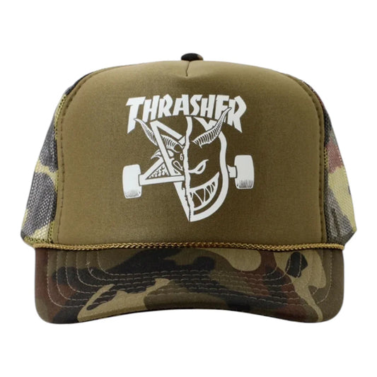 Green and camouflage cap with white 'Thrasher' logo on a white background