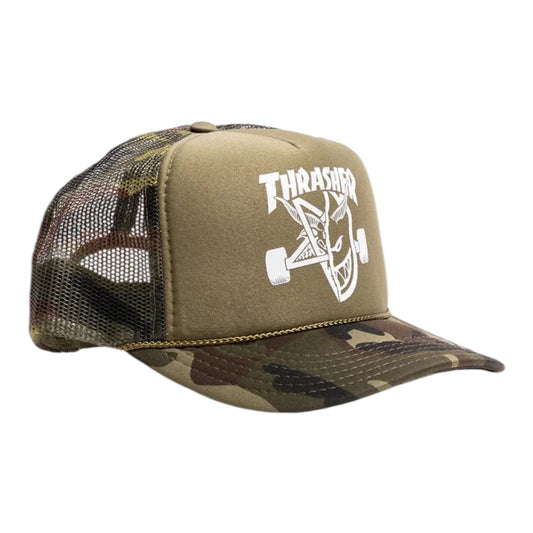 Camouflage and brown trucker cap with 'Thrasher' logo on a white background