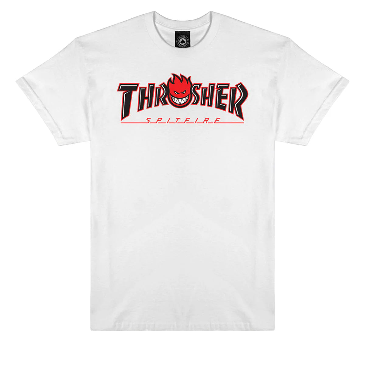 White t-shirt with red and black 'Thrasher' logo on a white background