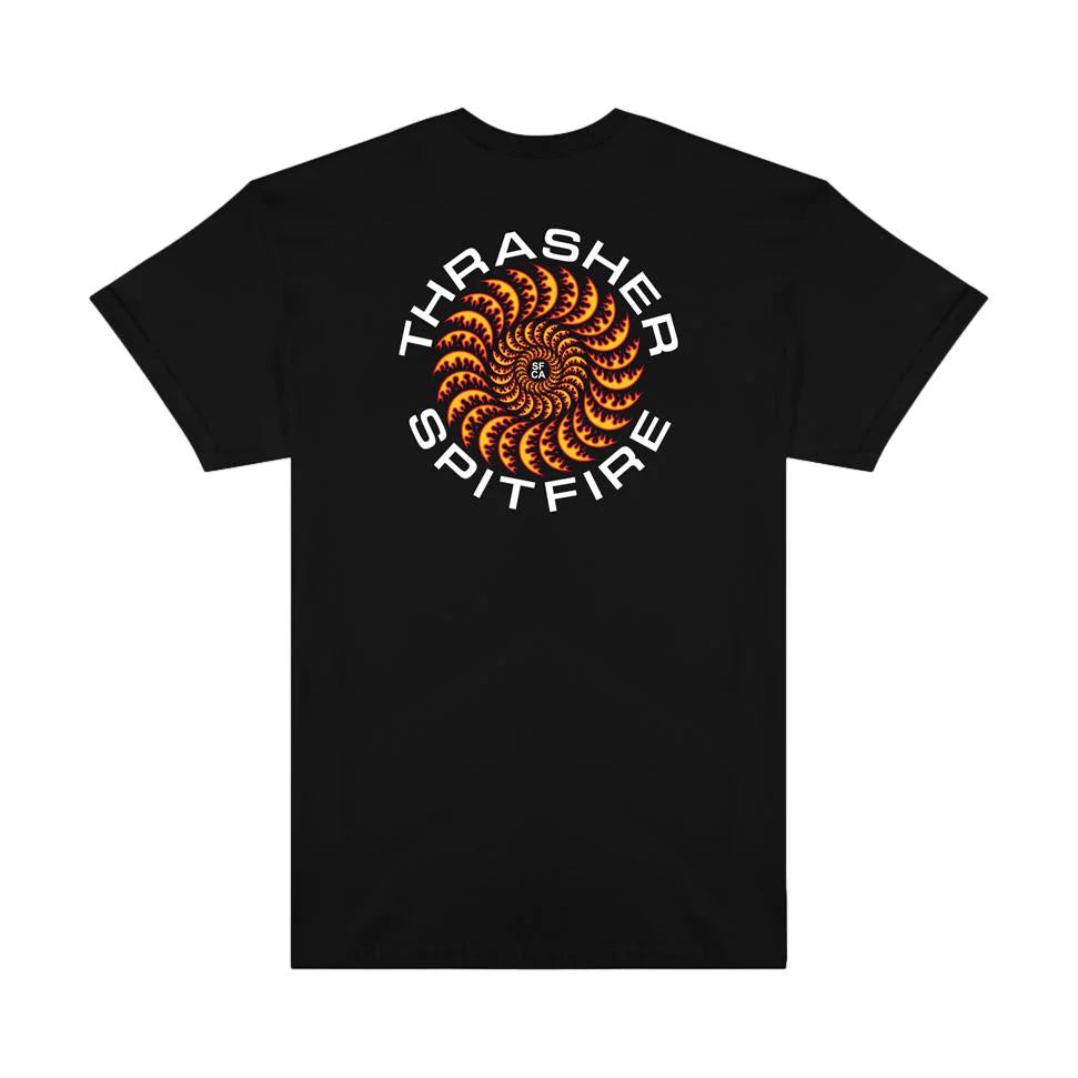 Black t-shirt with 'Thrasher Spitfire' logo on a white background