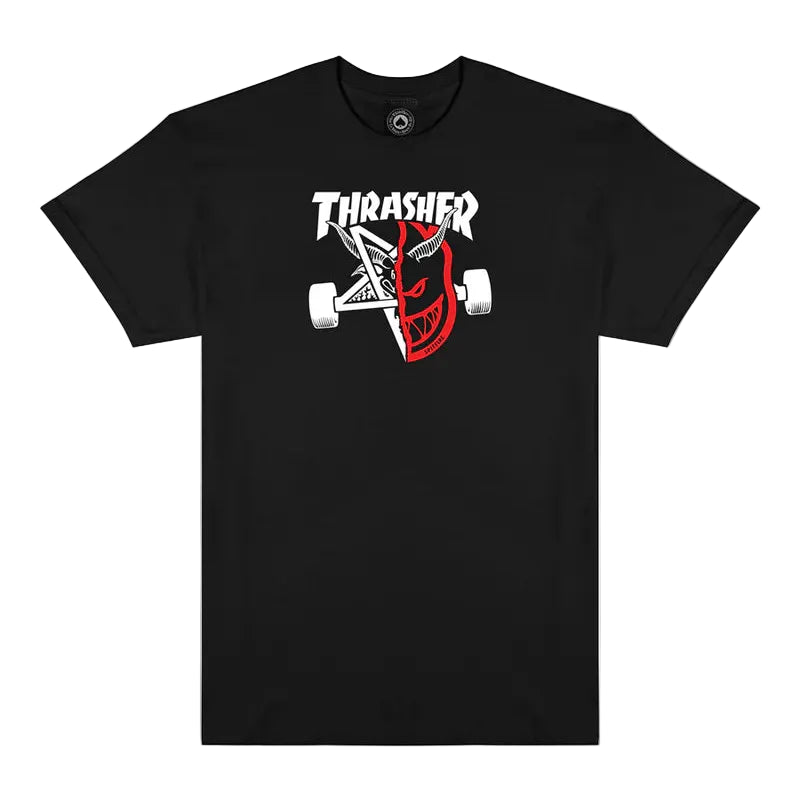 Black t-shirt with Thrasher logo and graphic on a white background
