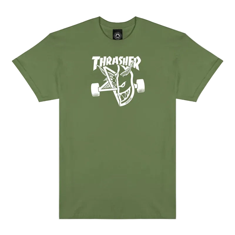 Green t-shirt with Thrasher logo on a white background