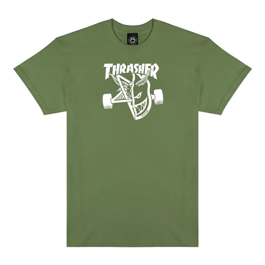 Green t-shirt with Thrasher logo on a white background