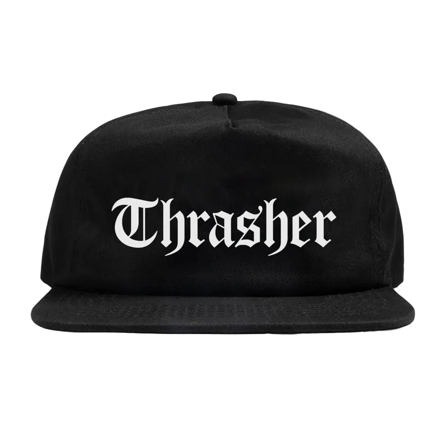 Black cap with 'Thrasher' logo on a light gray background