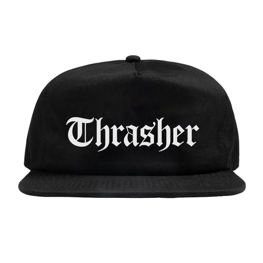 Black cap with 'Thrasher' logo on a light gray background