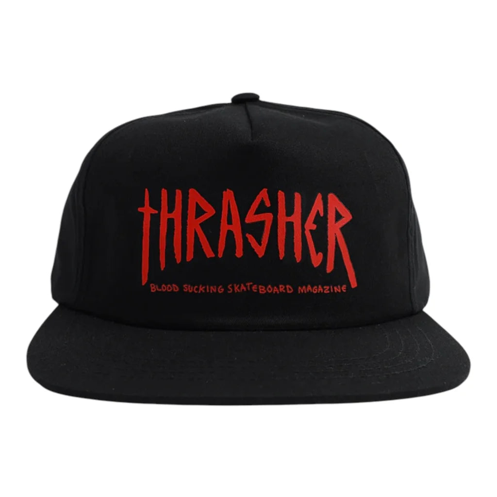 Black cap with red 'Thrasher' logo on a white background