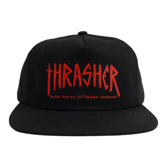 Black cap with red 'Thrasher' logo on a white background