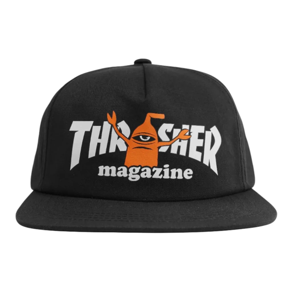 Black cap with 'Thrasher magazine' logo on a white background