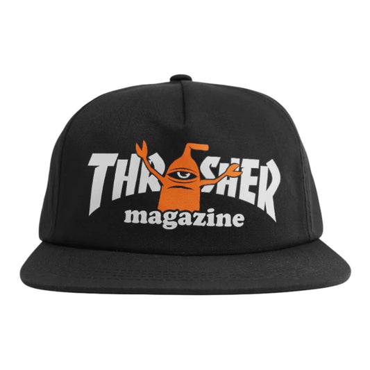 Black cap with 'Thrasher magazine' logo on a white background