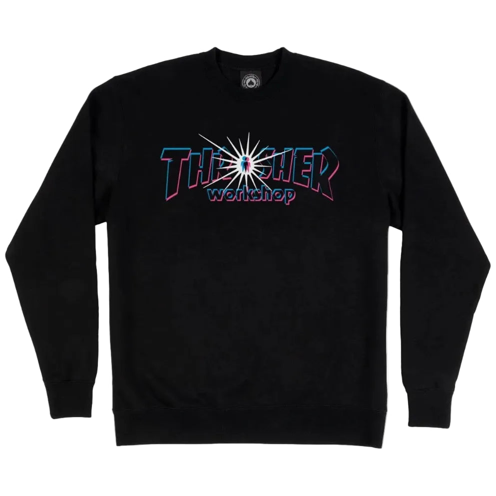 Black sweatshirt with colorful 'Thesher Workshop' logo on a white background