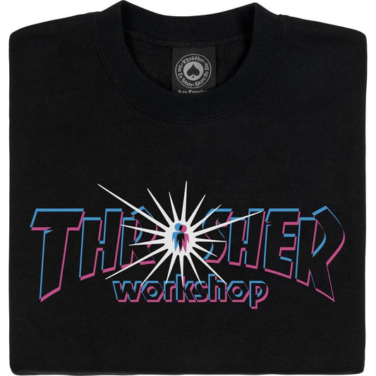 Black sweater with 'Thrasher workshop' logo on a white background