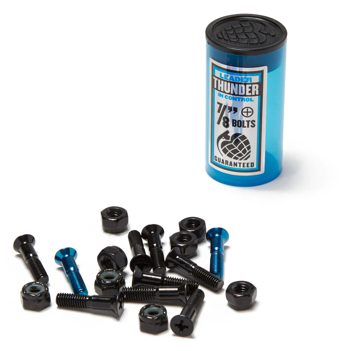 Set of skateboard bolts with a Thunder brand container on a white background