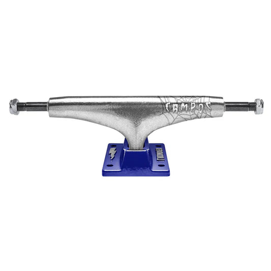 Skateboard truck with silver metal top and blue base on a white background