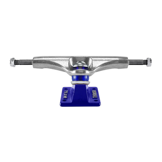 Skateboard truck with blue base and silver top on a white background