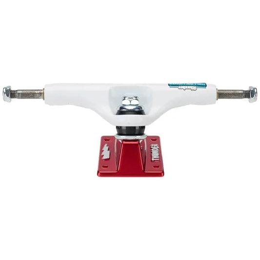 Skateboard truck with white top and red base on a white background