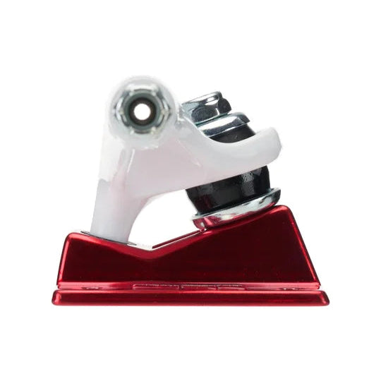 Red and white skateboard truck on a white background