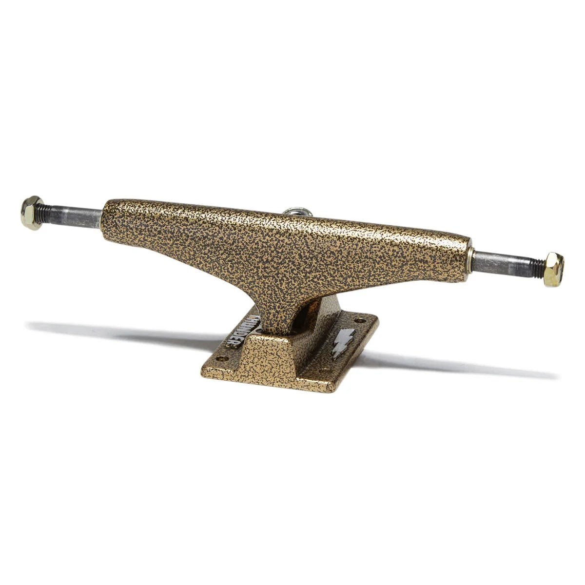 A single skateboard truck with a speckled metallic gold finish, shown on a clean white background with a soft shadow.