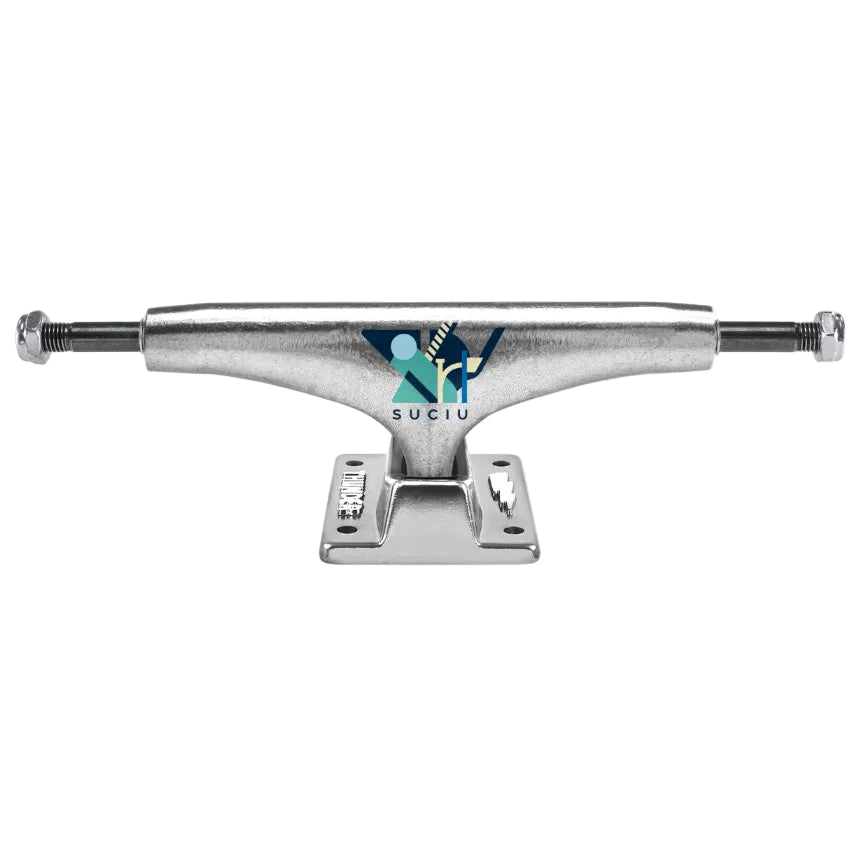 Metallic skateboard truck with brand logo on a white background