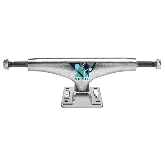 Metallic skateboard truck with brand logo on a white background
