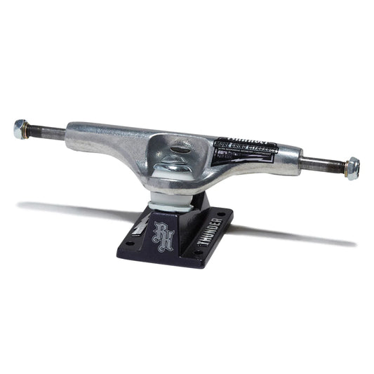 A single skateboard truck with a silver metal hardware assembly and a black base plate, photographed on a clean white background.