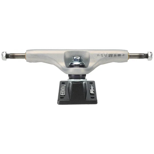 Skateboard truck with metallic finish on a white background