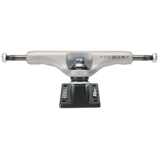 Skateboard truck with metallic finish on a white background
