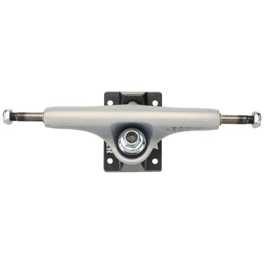 Skateboard truck with white trucks and metal hardware on a white background