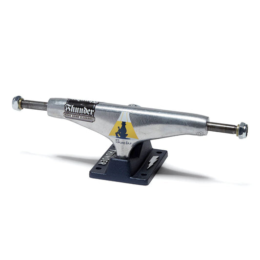 Silver skateboard truck with visible branding on a white background