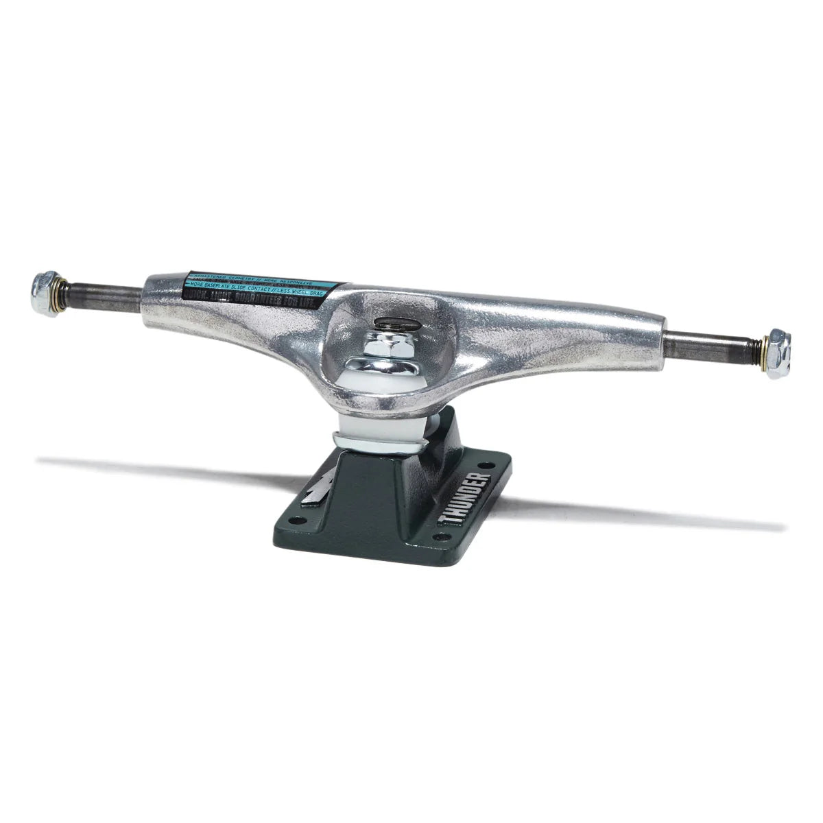 A single skateboard truck with a silver chrome metal hardware assembly and a dark green base plate, shown on a clean white background.