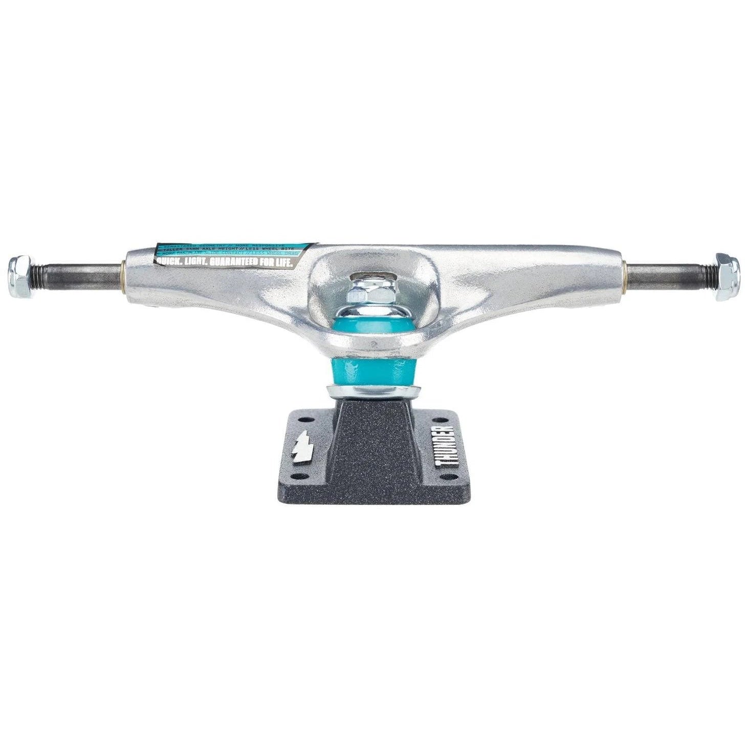 Skateboard truck with teal center and silver ends on a white background