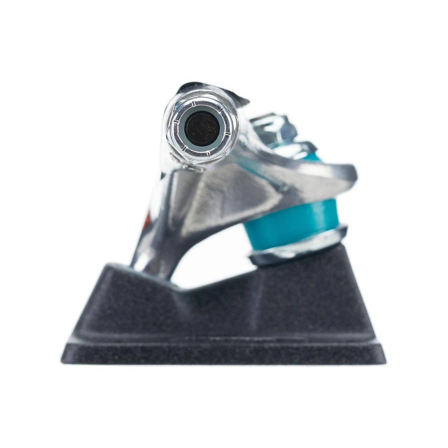 Skateboard truck with a black base and silver metal components on a white background