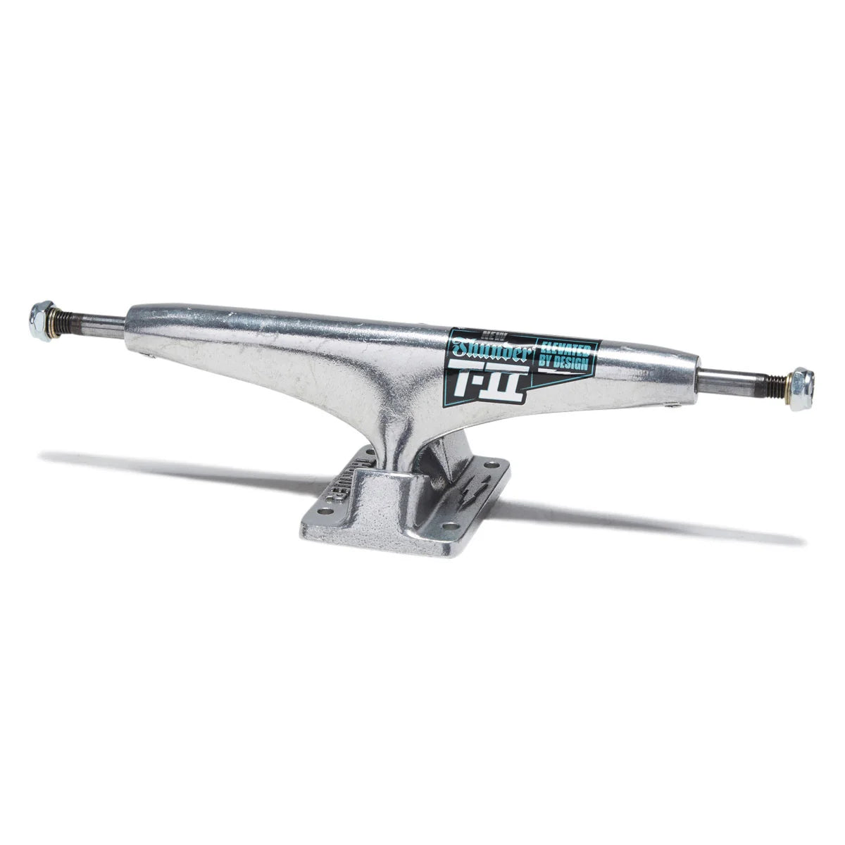 A single silver metal skateboard truck with a visible 'PW' logo sticker, shown on a clean white background with a soft shadow.
