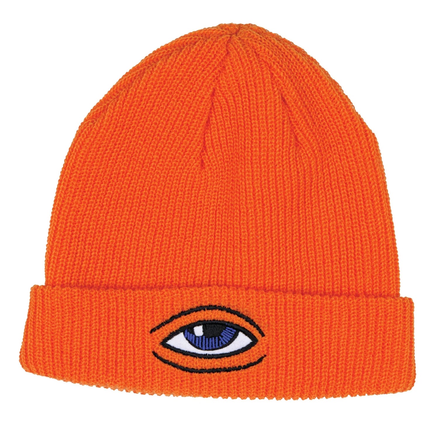 An orange ribbed knit beanie hat featuring an embroidered eye motif on the front cuff, set against a plain white background.