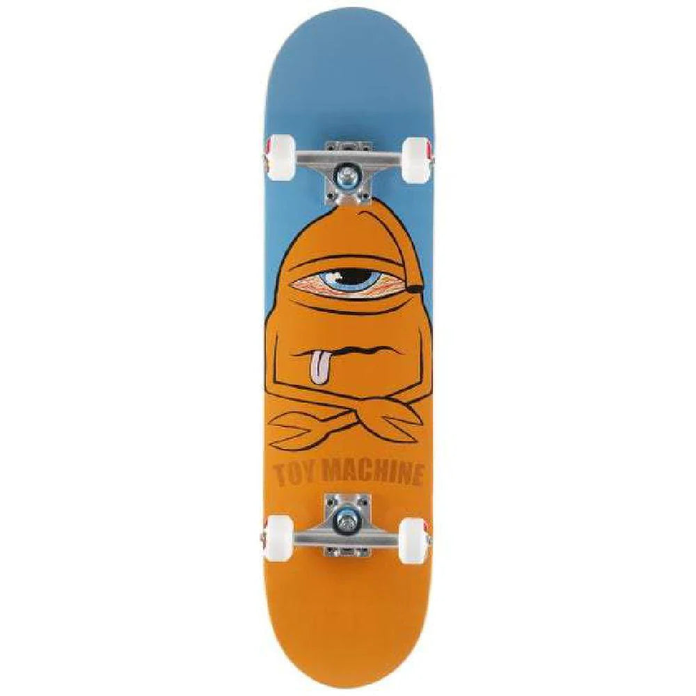 Skateboard with a face design and 'Toy Machine' branding on a white background