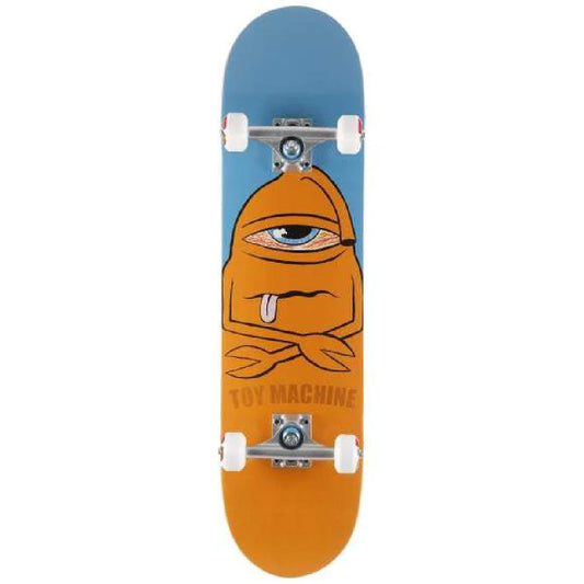Skateboard with a face design and 'Toy Machine' branding on a white background