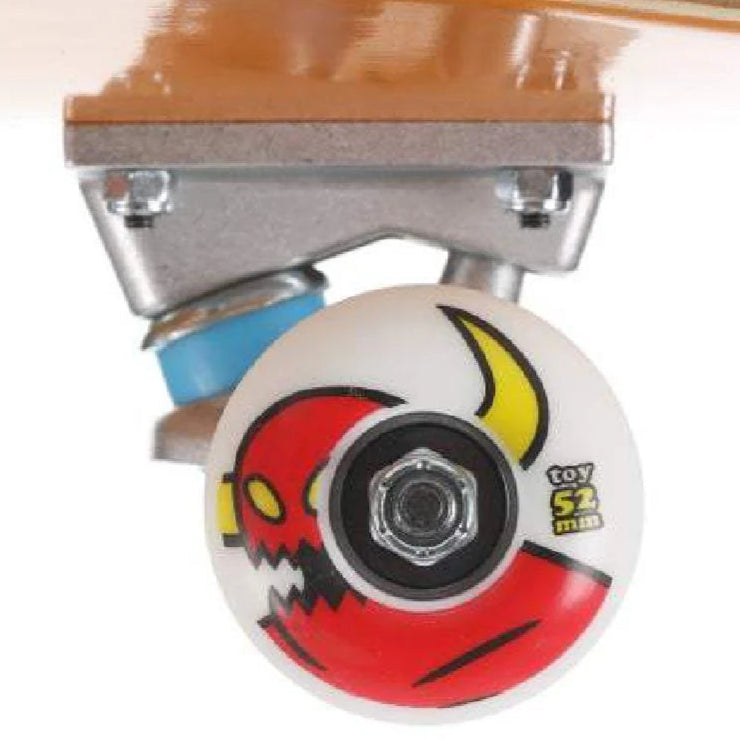 Close-up of a skateboard wheel with a colorful design on a white background