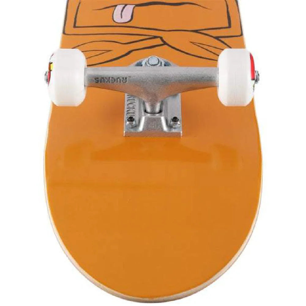 Skateboard with a cartoon design on the deck against a white background