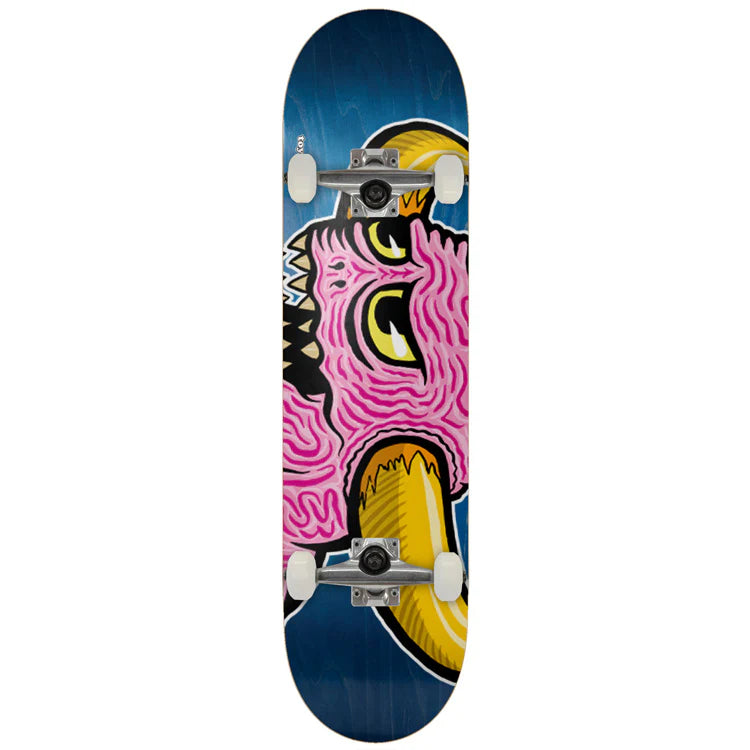 Skateboard deck with a colorful shark design on a white background