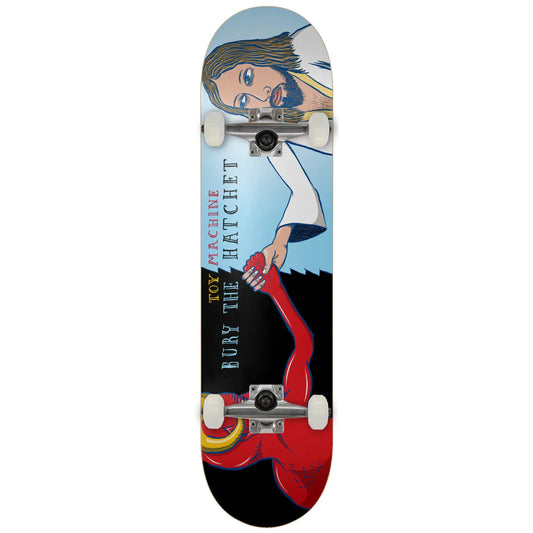 Skateboard with artistic design of a person holding a red guitar on a white background
