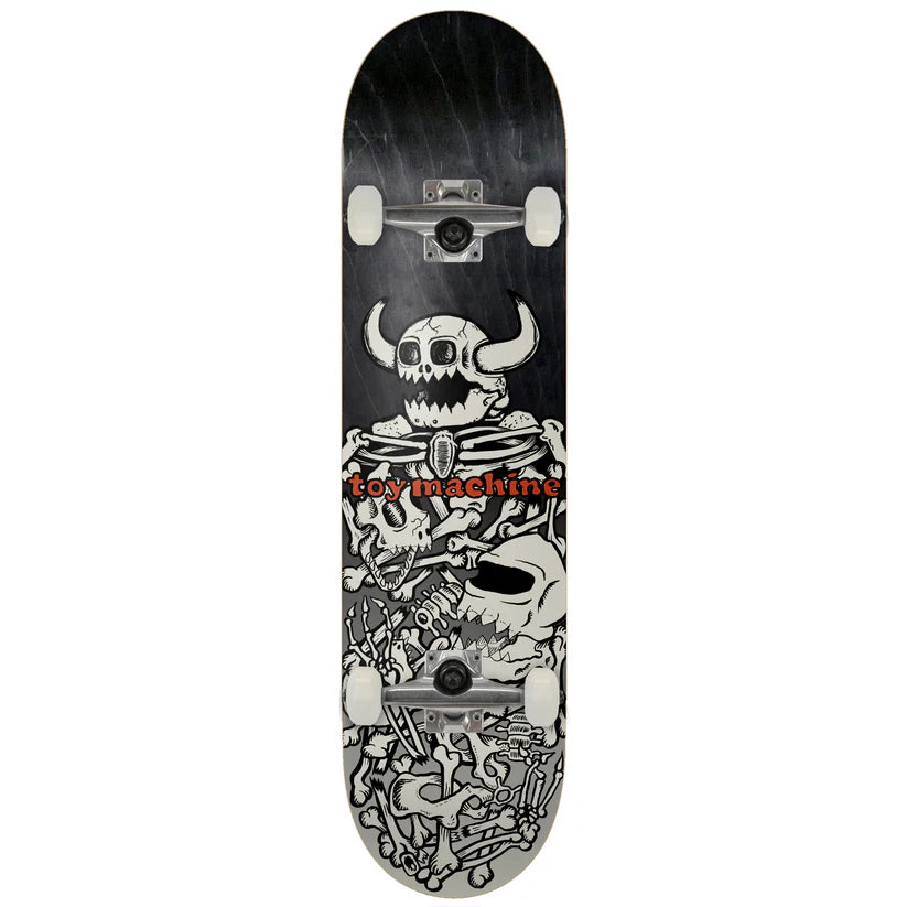Skateboard deck with skull and crossbones design on a white background