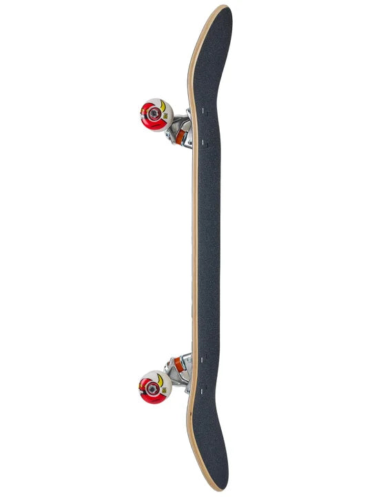Skateboard with black deck and red wheels on a white background
