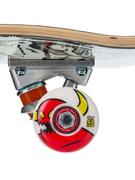 Close-up of a skateboard wheel with a red and yellow design on a white background