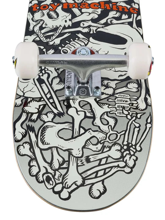 Skateboard with a black and white graphic design on a white background