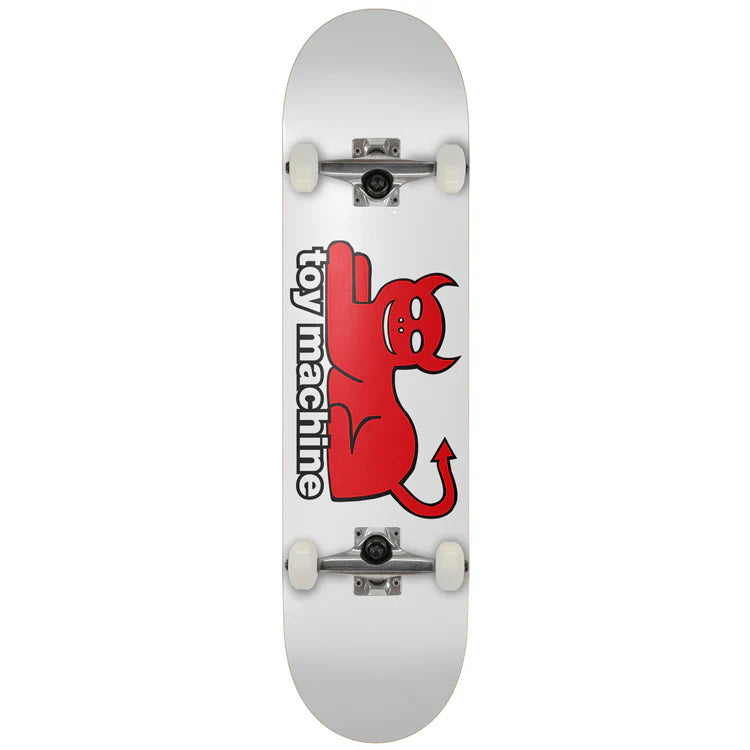 Skateboard with red devil graphic and 'toy machine' text on a white background