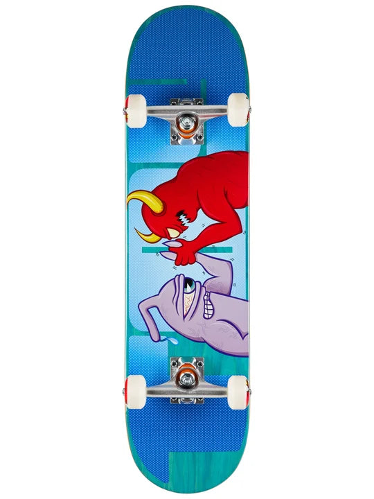 Skateboard with cartoon character design on a blue background