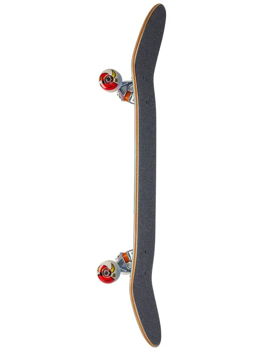 Skateboard with a black deck and colorful trucks on a white background