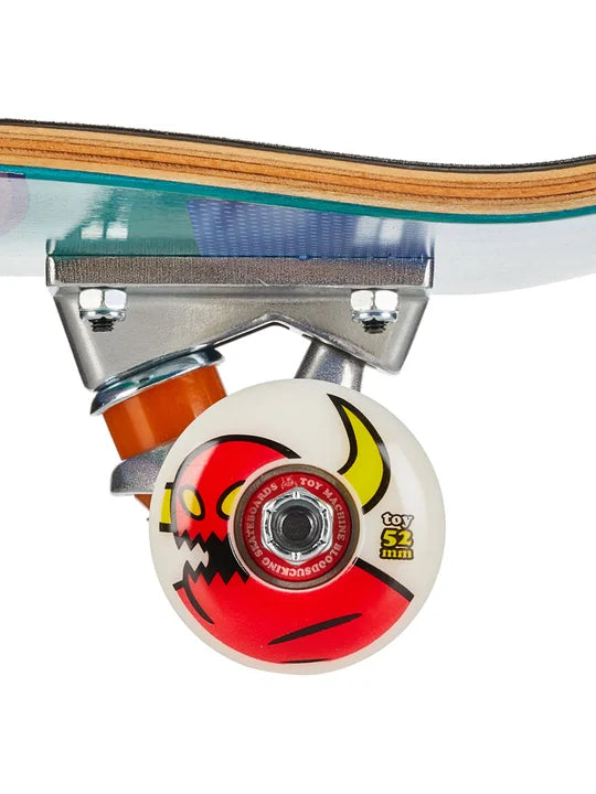 Close-up of a skateboard wheel with a colorful design on a white background