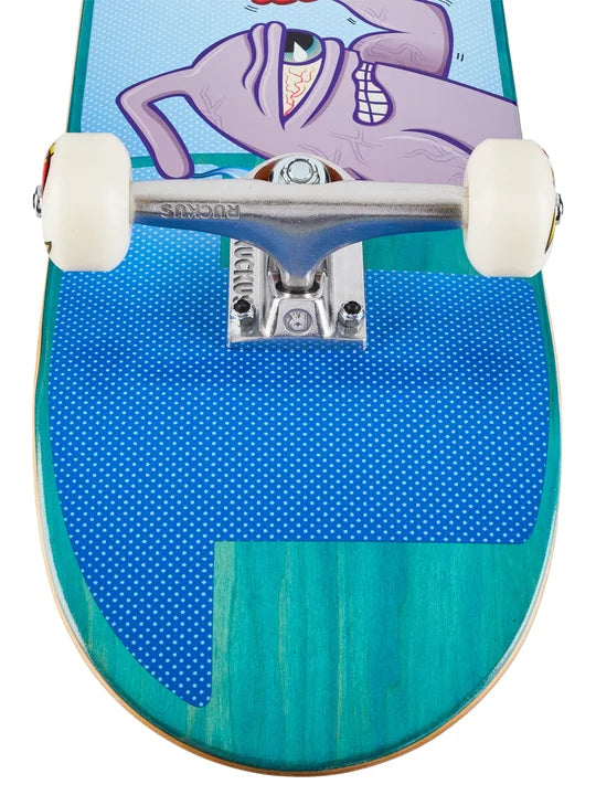 Skateboard with a colorful design on a blue background