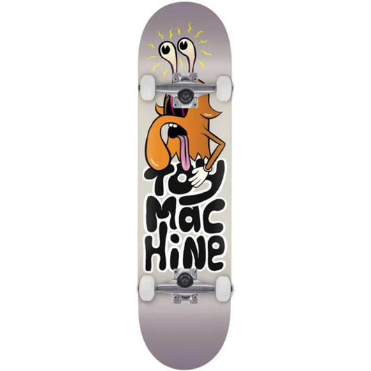 Skateboard deck with a cartoon character and 'Machine' text on a white background