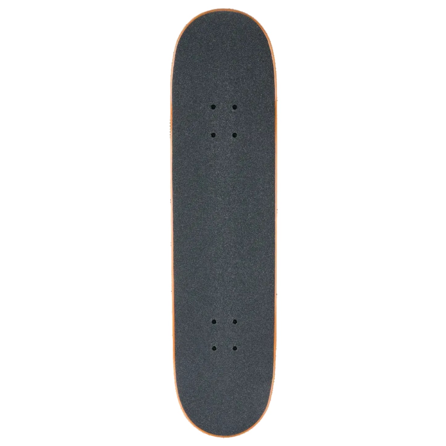A skateboard deck viewed from directly above, featuring a dark gray grip tape surface with a thin orange edge and four sets of mounting holes, isolated on a white background.